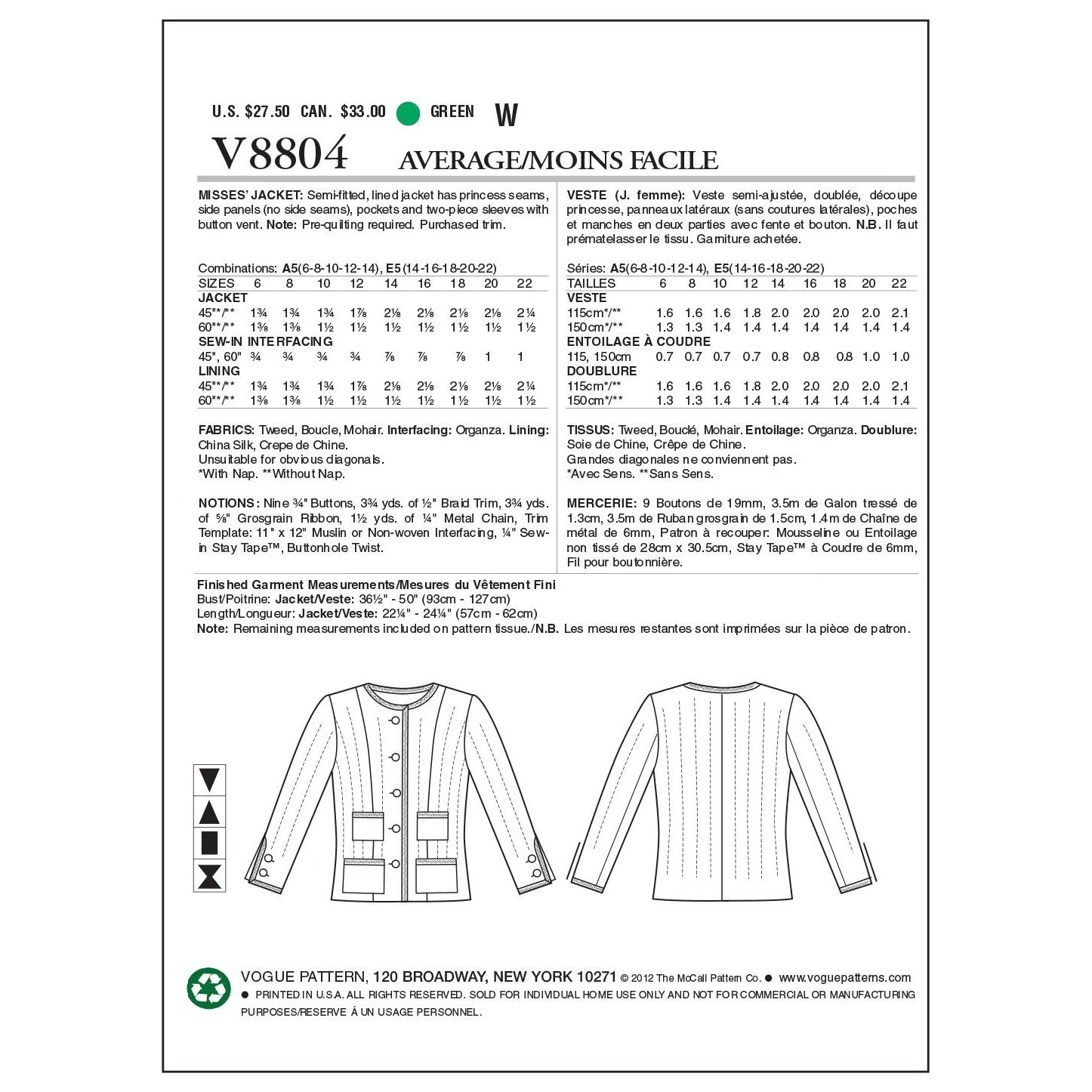 Vogue Patterns V8804 Size A5 6-8-10-12-14 Misses' Jacket